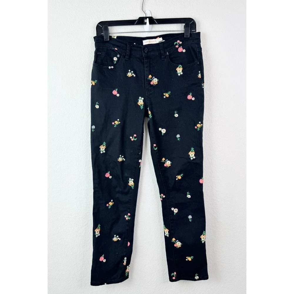 Tory Burch Floral Embroidered Skinny Ankle Jeans Womens 26 Black Boho Hippie Y2K